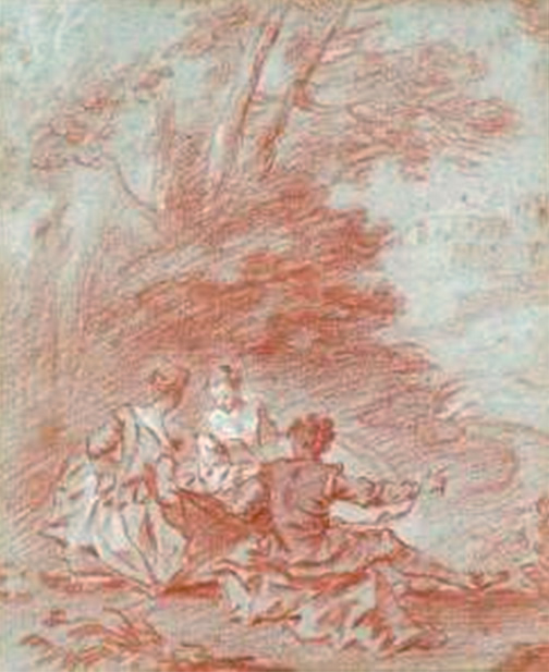 1. Bonaventure de Bar, Three Figures under Trees, 23.5 x 19.6 cm, red and white chalk on blue paper, whereabouts unknown.